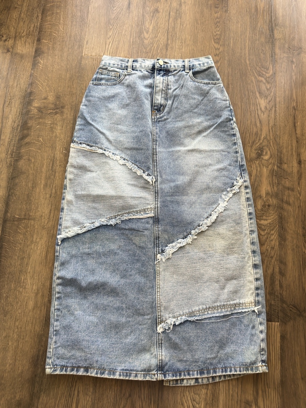 Cider Light Blue Patchwork Wide-Leg Denim Skirt